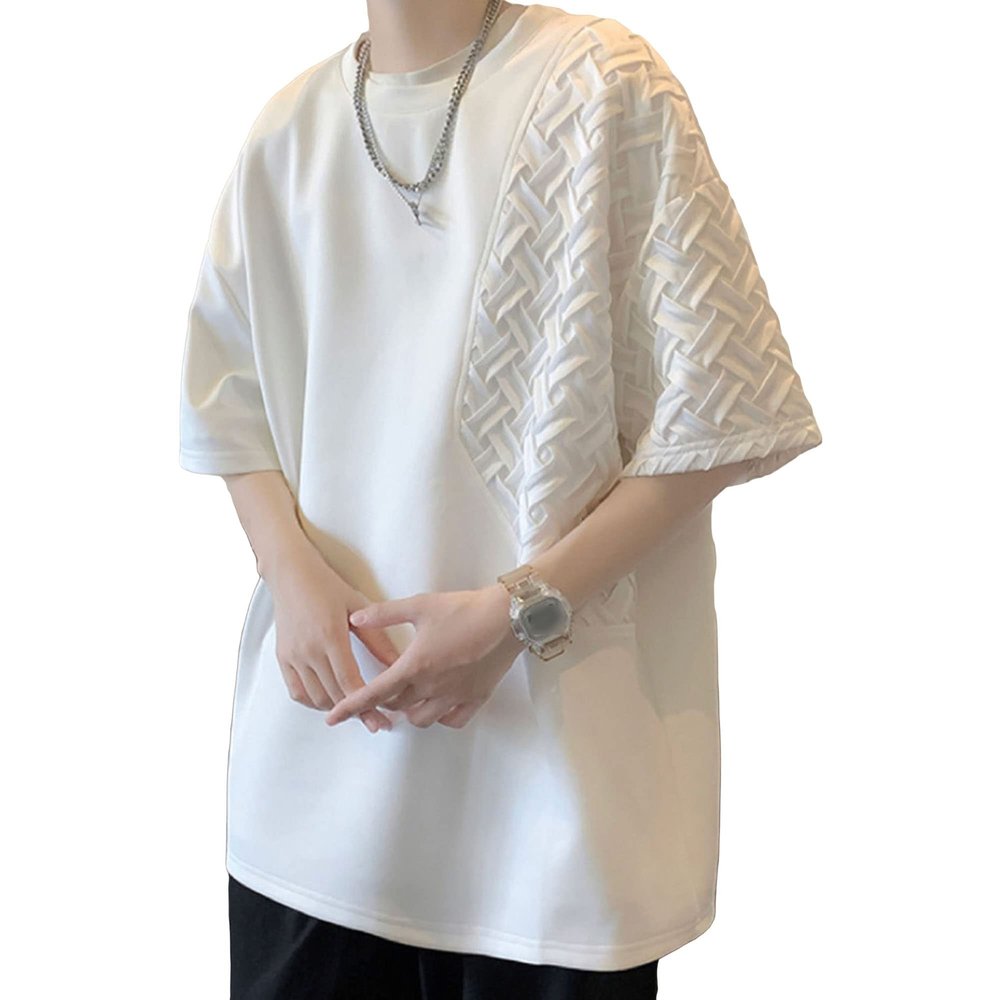 Men's Oversized Fashion Loose T-Shirt Three-Dimensional Design Top Heavyweight Casual Short Sleeves (White,US Size S Asia M)