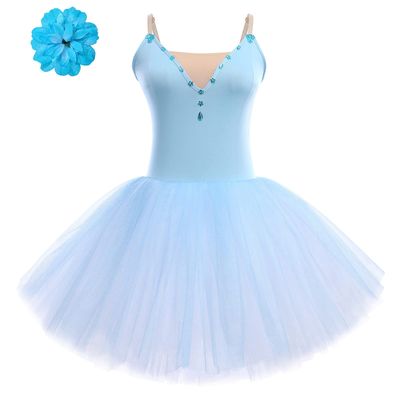 Ballet for Women Dance Tutu Skirted Leotard Fluffy Tulle Princess Long Dress V-Neck Camisole Spaghetti Straps Swan Lake Stage Performance Professional Ballerina Dancewear Light Blue L