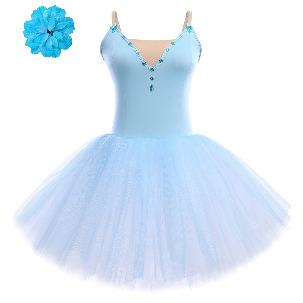 Ballet for Women Dance Tutu Skirted Leotard Fluffy Tulle Princess Long Dress V-Neck Camisole Spaghetti Straps Swan Lake Stage Performance Professional Ballerina Dancewear Light Blue L