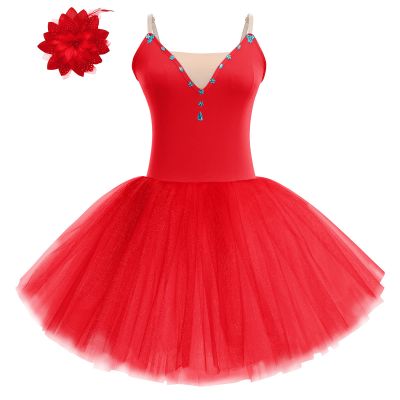 Ballet for Women Dance Tutu Skirted Leotard Fluffy Tulle Princess Long Dress V-Neck Camisole Spaghetti Straps Swan Lake Stage Performance Professional Ballerina Dancewear Clothes Red S