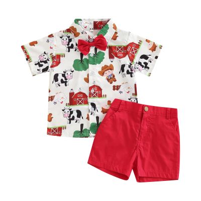 Chloefairy Western Baby Boy Summer Clothes Cow Print Short Sleeve Button Down Shirts Shorts Set 2Pcs Toddler Cowboy Outfits (Red Farm, 6-12 Months)
