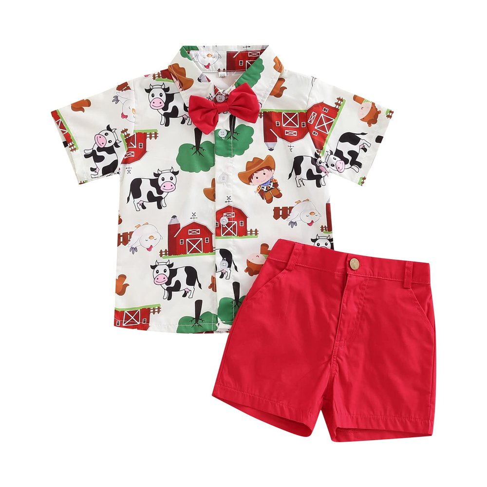 Chloefairy Western Baby Boy Summer Clothes Cow Print Short Sleeve Button Down Shirts Shorts Set 2Pcs Toddler Cowboy Outfits (Red Farm, 6-12 Months)