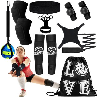 Wettarn 8 Set Volleyball Training Equipment Aid Solo Volleyball Trainer Gift Kit to Practice Serve Include Elastic Resistance Belt Set Spike Trainer Hand Straps Arm Sleeves Knee Pads Backpack Headband
