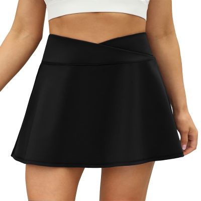 LouKeith Tennis Skirts for Women Pleated Crossover High Waisted Athletic Workout Golf Skorts Skirts with Shorts Pocket Black 2XL