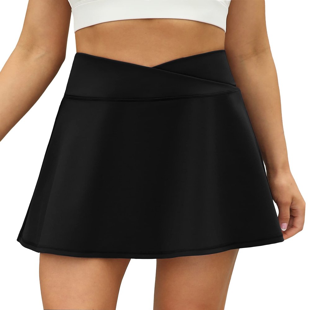 LouKeith Tennis Skirts for Women Pleated Crossover High Waisted Athletic Workout Golf Skorts Skirts with Shorts Pocket Black 2XL