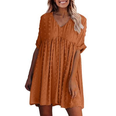 GOKKILRW Preppy Dresses for Women Summer Trendy V Neck Swiss Dot Babydoll Dress Short Sleeve A-Line Flowy Mini Beach Dress(Brown,Small)