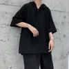 Maiyifu-GJ Men's Baggy Cotton Linen Hooded Shirts V-Neck Lace Up Casual Loose Tee Lightweight Hippie Short Sleeve (Black,US Size M Asia L) view 2