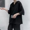 Maiyifu-GJ Men's Baggy Cotton Linen Hooded Shirts V-Neck Lace Up Casual Loose Tee Lightweight Hippie Short Sleeve (Black,US Size M Asia L) view 3