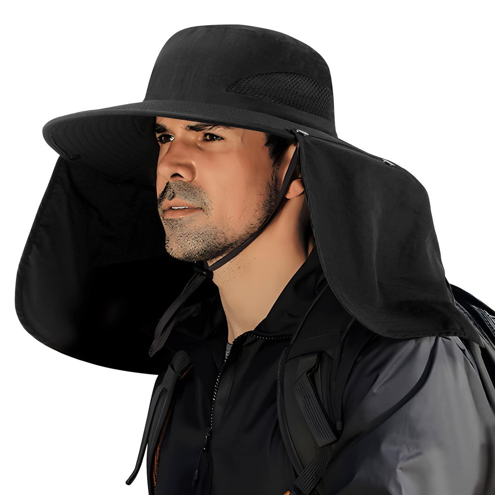 DOCVIT Fishing Hat for Men&Women,Outdoor UV Waterproof Wide Brim Bucket Hat,UPF50+ Sun Hat with Neck Flap Black