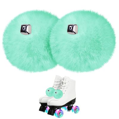 GUIFIER 2 Pack 8 CM Roller Skate Pom Poms with Jingle Bells for Women Girls Princess, Fluffy Tie-on Roller Skate Pom Poms, Fuzzy Pom Pom for Quad Roller Skate Accessories for Kids Adult (Mint Green)