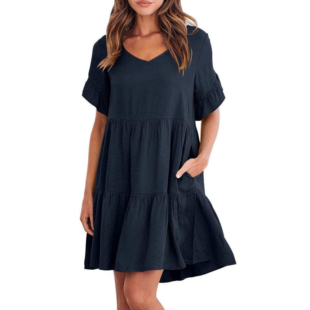 GOKKILRW Preppy Summer Dresses for Women Trendy Casual V Neck Babydoll Dress Ruffle Short Sleeve A-Line Flowy Mini Beach Dress(Dark Blue,Small)