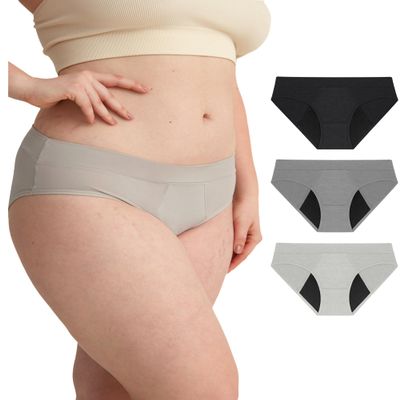 Neione Period Underwear for Women Mid Rise Menstrual Panties Postpartum Briefs Modal Hipster Soft Stretch Breathable 3 Pack Black Grey Off-White Small