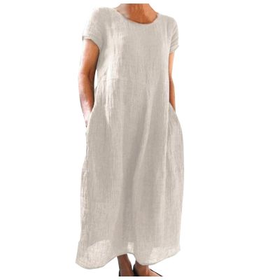 GOKKILRW Linen Dresses for Women Casual Summer Loose Maxi Dress Short Sleeve Crewneck Baggy Beach Sundress with Pockets(White,Medium)