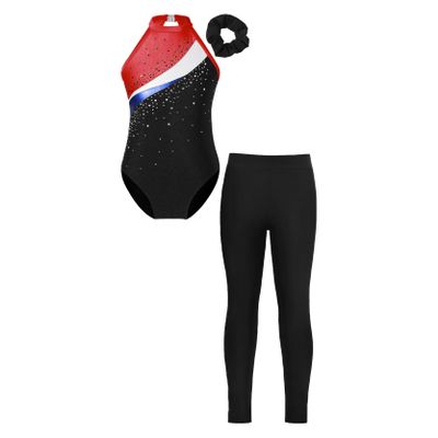 Jizyo Kids Girls Sparkle Dance Clothes Suit Sleeveless Gymnastic Leotard with Leggings Sports Outfit Tracksuit Red&Black C 14 Years