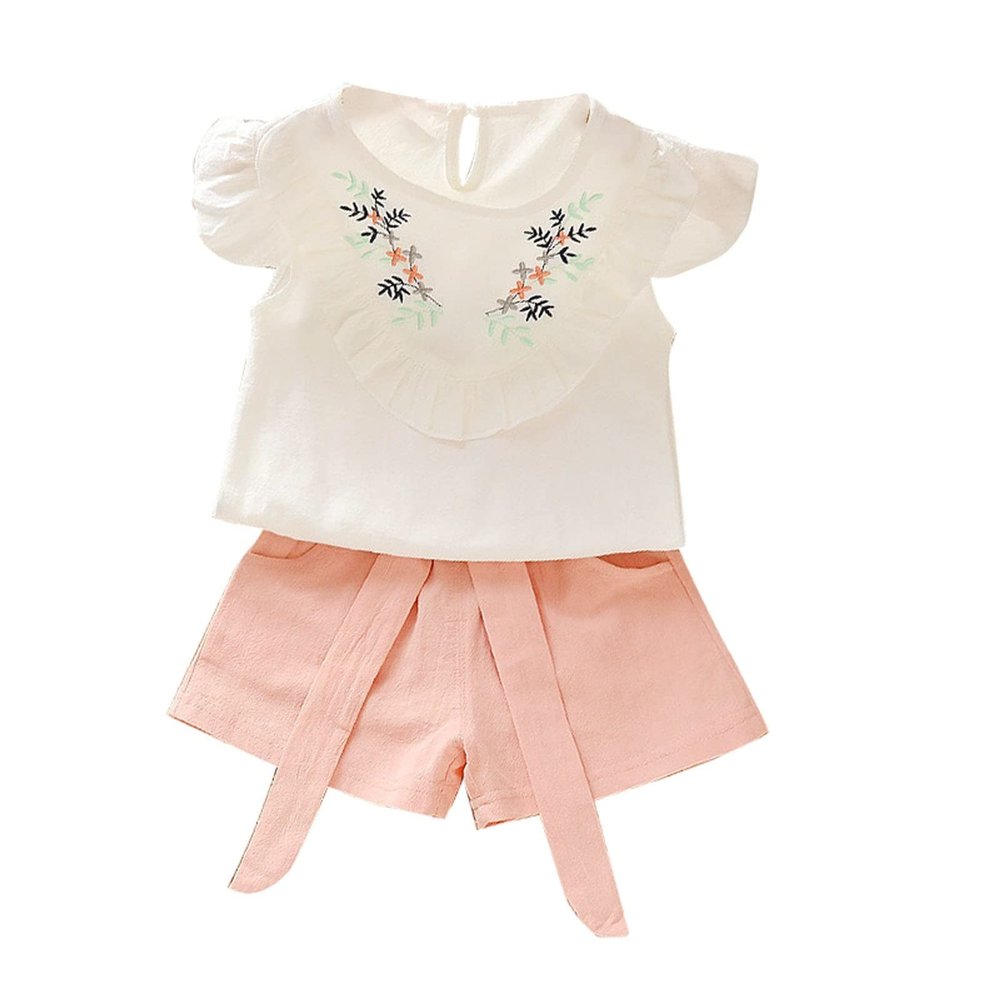 Moonker Toddler Kids Baby Girl Summer Outfit Clothes Embroidery T-Shirt Tops Shorts Pants Set 0-5 Years