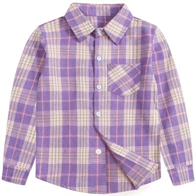 Betusline Girls' Plaid Flannel Shirt, Kids Long Sleeve Button Button Shirts Tops, F Purple #2, 2-3T= Tag 100