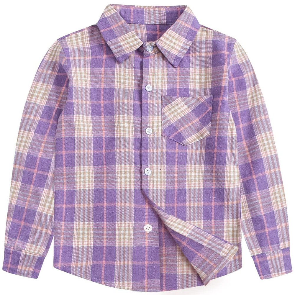 Betusline Girls' Plaid Flannel Shirt, Kids Long Sleeve Button Button Shirts Tops, F Purple #2, 2-3T= Tag 100