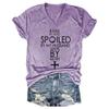 Women's Blessed by God Spoiled by My Husband Protected by Both V-Neck Tee, Women Cross Graphic Wife Tops, Faith Purple view 1