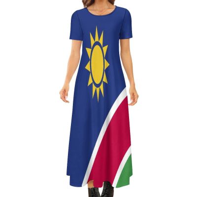 Fattyeery Womens Summer Casual Loose Dress Namibia Flag Long Dress Short Sleeve for Girls Fashion Skirts L