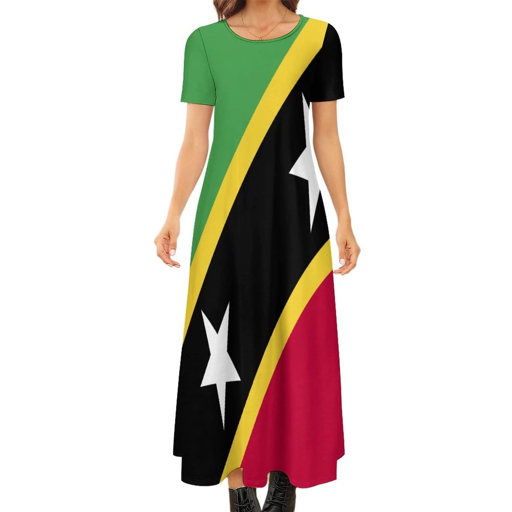 Fattyeery Womens Summer Casual Loose Dress Saint Kitts and Nevis Flag Long Dress Short Sleeve for Girls Fashion Skirts 2XS