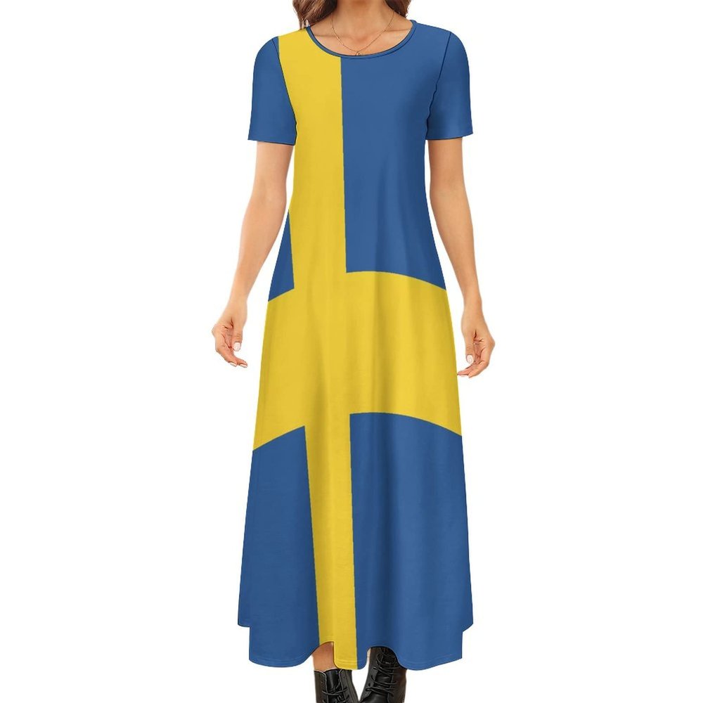 Fattyeery Elegant Casual Long Dress Swedish Flag Girls Summer Sunshine Beach Skirts for Womens 3XL