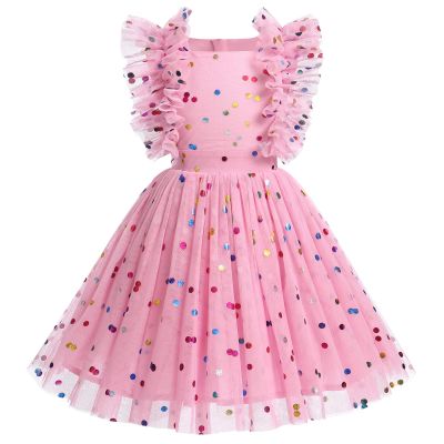 Toddler Girl Birthday Outfits Shiny Sequins Ruffle Tulle Tutu Wedding Flower Girl Dress Pageant Dot Easter Christening Dress Butterfly Summer Tea Party Dress Toddler Lace Dress Pink Dot 4-5 Years