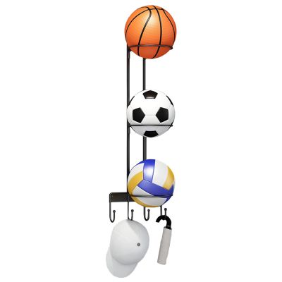 Katzowen Ball Storage Rack Organizer Wall Ball Storage Rack, Basketball Organizer Holder with 4 Hooks, Sports Equipment Display for School/Boy Bedroom, Holds 3 Balls/Hat/Umbrella (Color : Black)