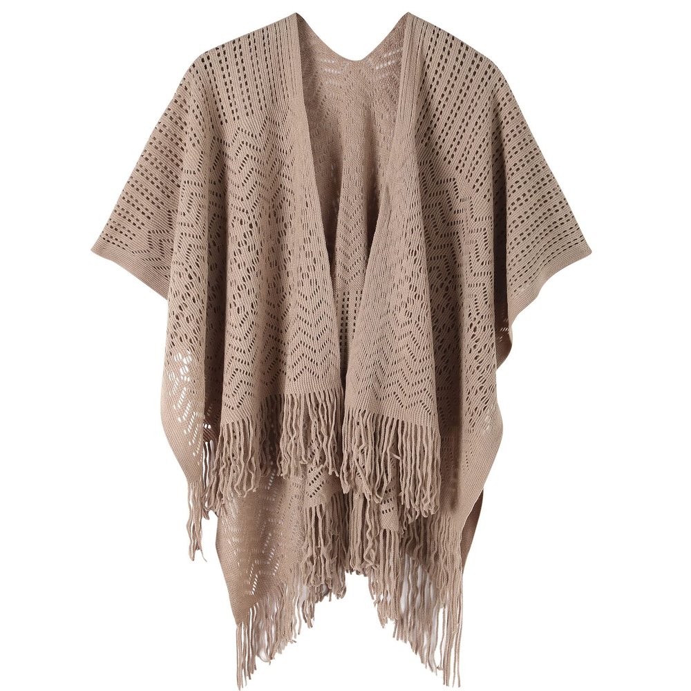 Fomolom Women Swimsuit Crochet Swim Cover Up Bathing Suit Beach Swimwear Knitted Cardigan Shawl Wrap with Fringes Khaki