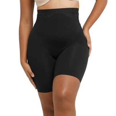 Maidenform Women's Eco Lace Firm Control High Waist Thigh Slimmer, Moisture-Wicking Shapewear Black