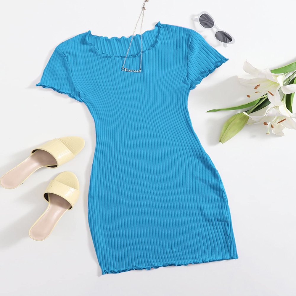 AIEBO Dresses for Women Dress Women's Dress Lettuce Trim Rib-Knit Bodycon Dress Dresses (Color : Blue, Size : X-Small)