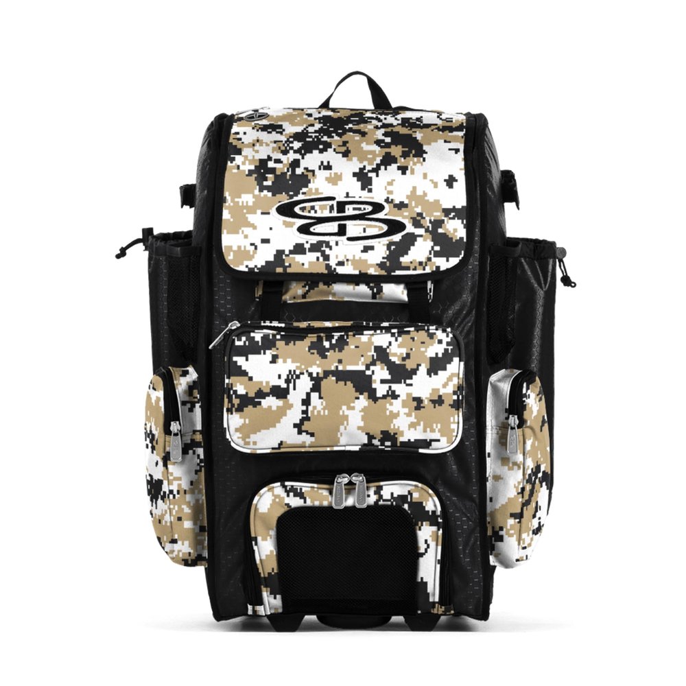Boombah Rolling Superpack Hybrid Digital Camo Bat Pack Black/Vegas Gold - Wheeled & Backpack Version