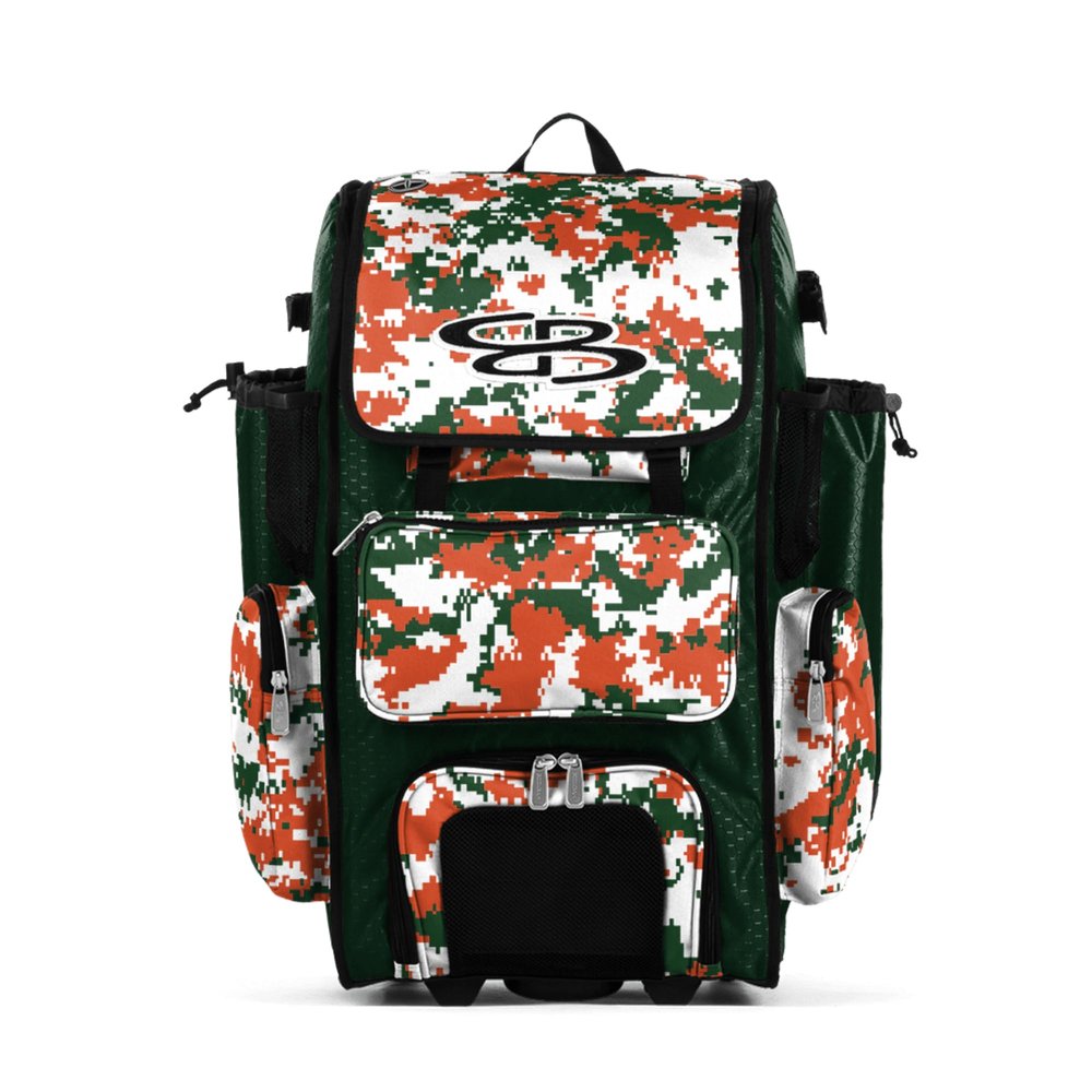 Boombah Rolling Superpack Hybrid Digital Camo Bat Pack Dark Green/Orange - Wheeled & Backpack Version