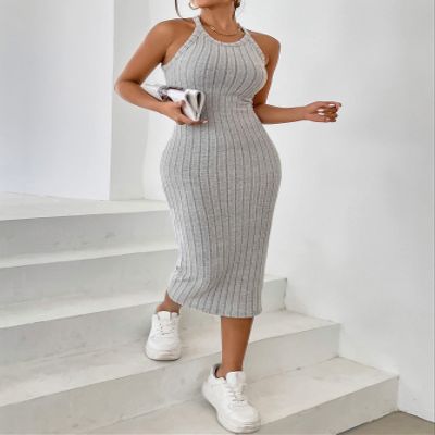 AIEBO Dresses for Women Dress Women's Dress Solid Halter Neck Bodycon Dress Dresses (Color : Gray, Size : Large)