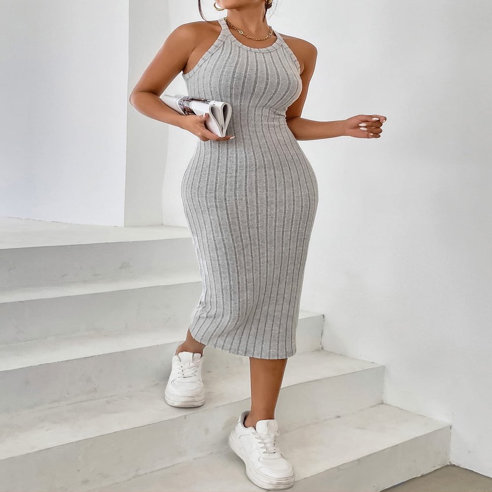 AIEBO Dresses for Women Dress Women's Dress Solid Halter Neck Bodycon Dress Dresses (Color : Gray, Size : Large)