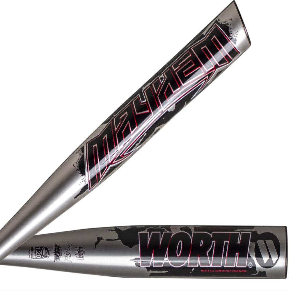 Worth | Mayhem Slowpitch Softball Bat | Approved for All Associations | 34" | 27 oz | Silver / Black / Red