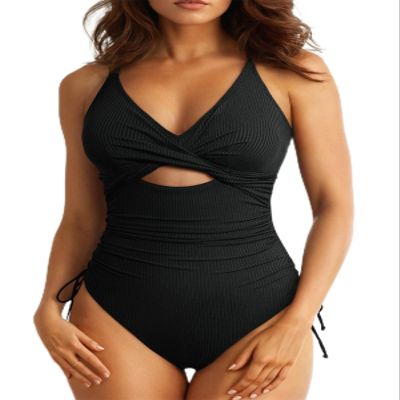 Aleumdr Women's Ribbed One Piece Swimsuit Tummy Control Bathing Suit Cheeky V Neck High Cut Cross Back Swimwear Black Small