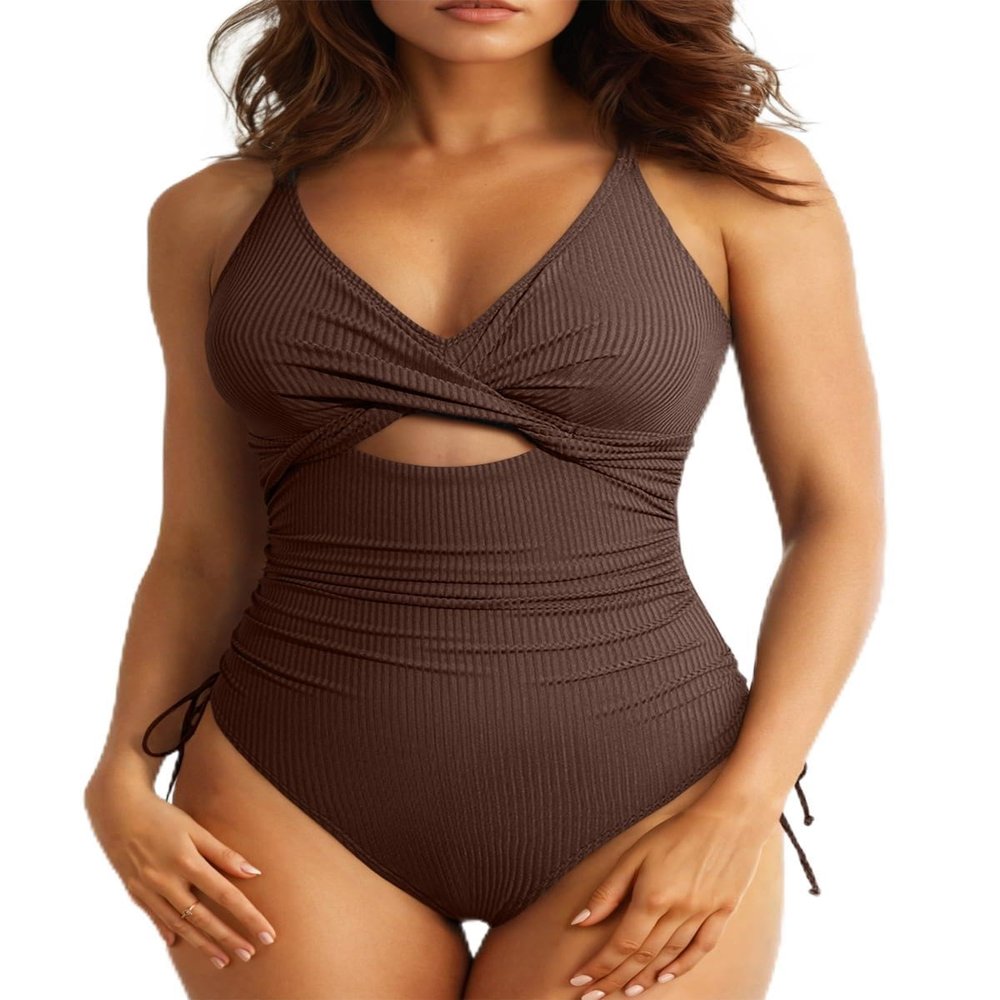 Aleumdr Tummy Control One Piece Swimsuit for Women Sexy V Neck High Cut Bathing Suit Cutout Tie Side Monokini Brown Small