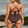 Aleumdr Tummy Control One Piece Swimsuit for Women Sexy V Neck High Cut Bathing Suit Cutout Tie Side Monokini Brown Small view 2