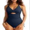 Aleumdr Women's Ribbed One Piece Swimsuit Tummy Control Bathing Suit Cheeky V Neck High Cut Cross Back Swimwear Navy Blue Medium view 1