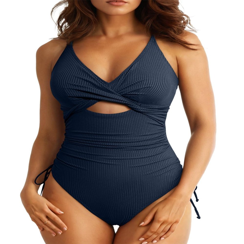 Aleumdr Women's Ribbed One Piece Swimsuit Tummy Control Bathing Suit Cheeky V Neck High Cut Cross Back Swimwear Navy Blue X-Large