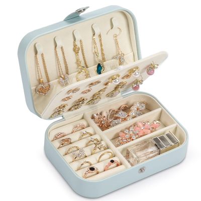 XZUZ Travel Jewelry Box, PU leather Small Jewelry Organizer For Female Girls, double layer portable mini travel case for storing earrings, rings, necklaces.(Blue)