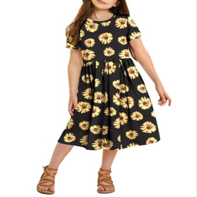 21KIDS Girls Floral Dress Kids Boho Short Sleeve Pleated Casual Dress with Pockets for Girls, Yellow Flower, 12 Years
