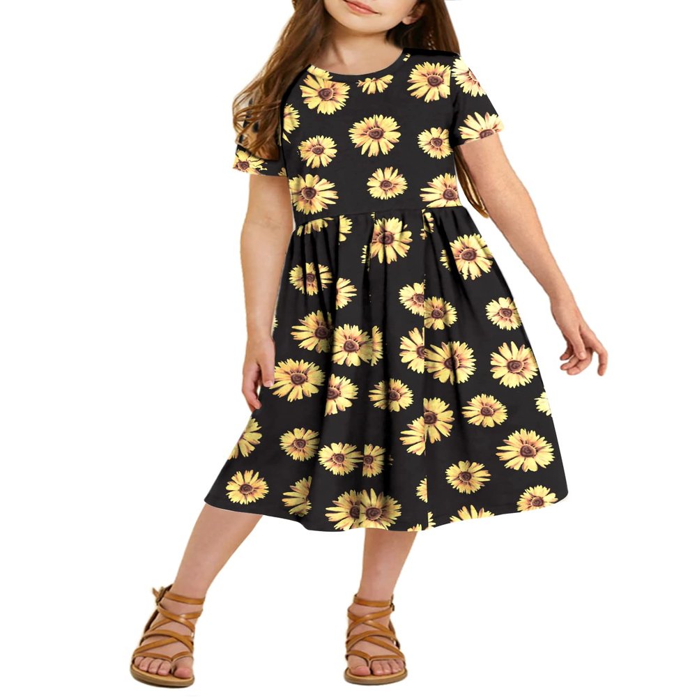 21KIDS Girls Floral Dress Kids Boho Short Sleeve Pleated Casual Dress with Pockets for Girls, Yellow Flower, 12 Years