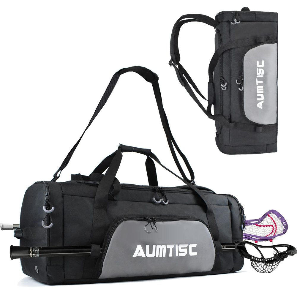 AUMTISC Lacrosse Bag Backpack, 2 Stick Holders and Separate Shoes Cleats Compartment, 75L Large Capacity to Holds All Lacrosse Equipment or Field Hockey Gear