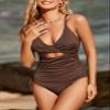 Aleumdr Tummy Control One Piece Swimsuit for Women Sexy V Neck High Cut Bathing Suit Cutout Tie Side Monokini Brown X-Large view 3