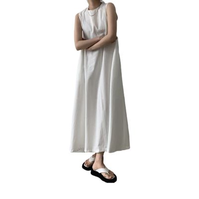 Korean Version Women's Dress Women's Loose Sleeveless A-line Vest Long Dress Women's Simple Cotton Linen Dress (White,one Size,One Size)