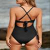 Aleumdr Women's Ribbed One Piece Swimsuit Tummy Control Bathing Suit Cheeky V Neck High Cut Cross Back Swimwear Black X-Large view 2