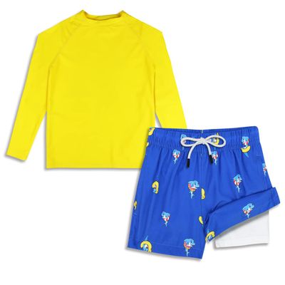 Toddler boy Swim Shirt Swim Trunks Sets Rash Guard Long Sleeve Swimsuit with Compression Liner UPF50+ Size 5T Blue Yellow Swim Ring Shark
