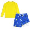 Toddler boy Swim Shirt Swim Trunks Sets Rash Guard Long Sleeve Swimsuit with Compression Liner UPF50+ Size 5T Blue Yellow Swim Ring Shark view 1