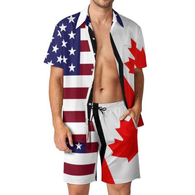 American and Canadian Flag Men's Hawaiian Sets Casual Button Down Beach Shirt with Shorts 2 Piece Suit with Pocket M